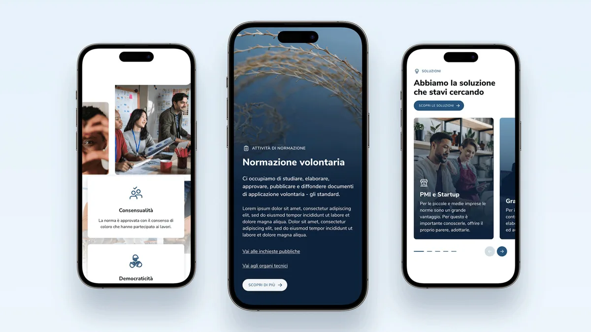 Graphic showing three smartphones displaying three different pages of the uni.com website